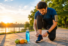 A person tying their running shoes near a water bottle and fresh fruit on a sunny morning.