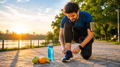 A person tying their running shoes near a water bottle and fresh fruit on a sunny morning.