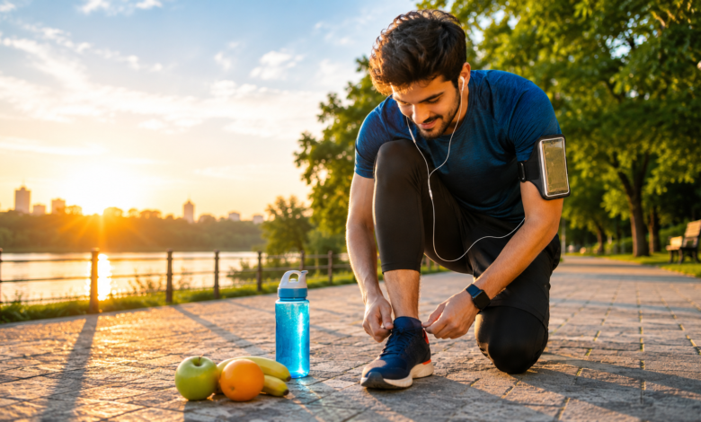 A person tying their running shoes near a water bottle and fresh fruit on a sunny morning.