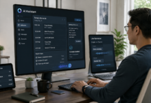 A person working at a smart desk displaying multimodal AI scheduling, real-time language translation, and automated home management interfaces.