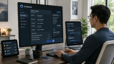 A person working at a smart desk displaying multimodal AI scheduling, real-time language translation, and automated home management interfaces.