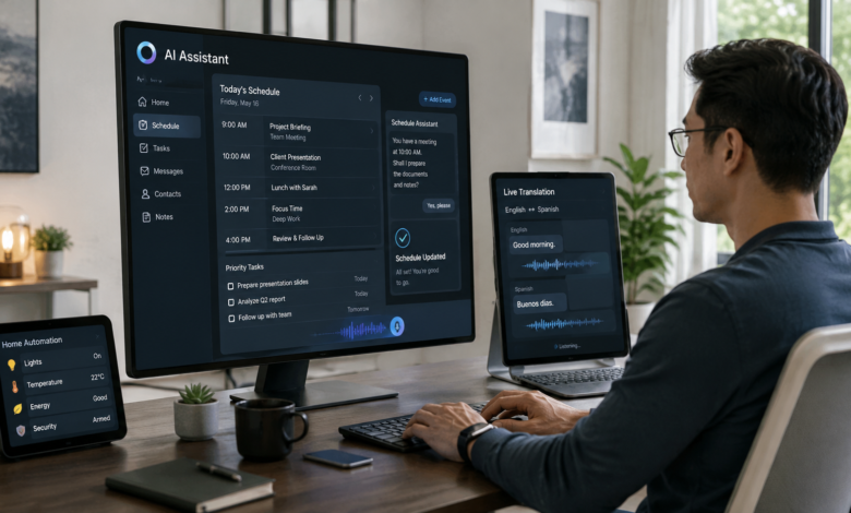 A person working at a smart desk displaying multimodal AI scheduling, real-time language translation, and automated home management interfaces.