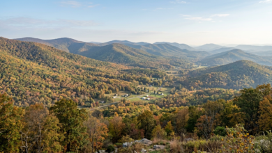 A scenic view of rolling Appalachian mountain ridges during autumn in the Roanoke Valley, Virginia.