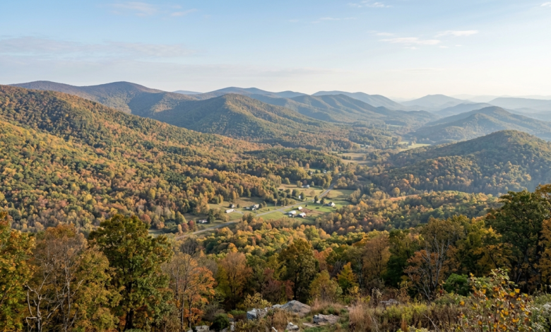 A scenic view of rolling Appalachian mountain ridges during autumn in the Roanoke Valley, Virginia.
