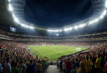 A vibrant stadium illuminated at night under stadium lights during a major championship event.