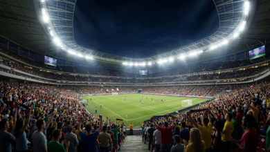 A vibrant stadium illuminated at night under stadium lights during a major championship event.
