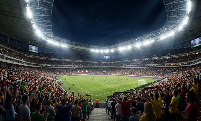 A vibrant stadium illuminated at night under stadium lights during a major championship event.