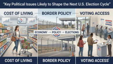 Labeled breakdown of key U.S. election issues 2026 including cost of living, border policy, and voting access