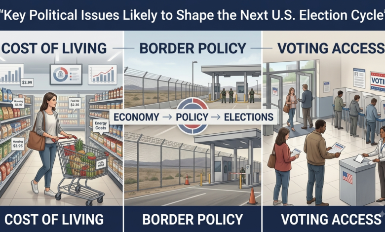 Labeled breakdown of key U.S. election issues 2026 including cost of living, border policy, and voting access