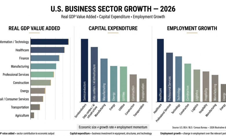Labeled economic overview chart showing real GDP value added, capital expenditure, and employment growth across leading U.S. business sectors in 2026
