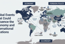 Labeled geopolitical map outlining major global events affecting the economy, trade routes, energy hubs, and diplomatic summits in 2026
