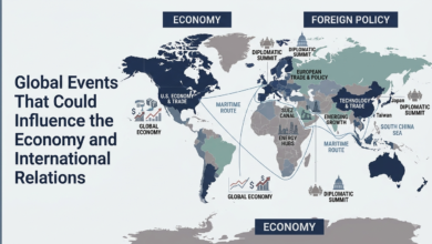 Labeled geopolitical map outlining major global events affecting the economy, trade routes, energy hubs, and diplomatic summits in 2026