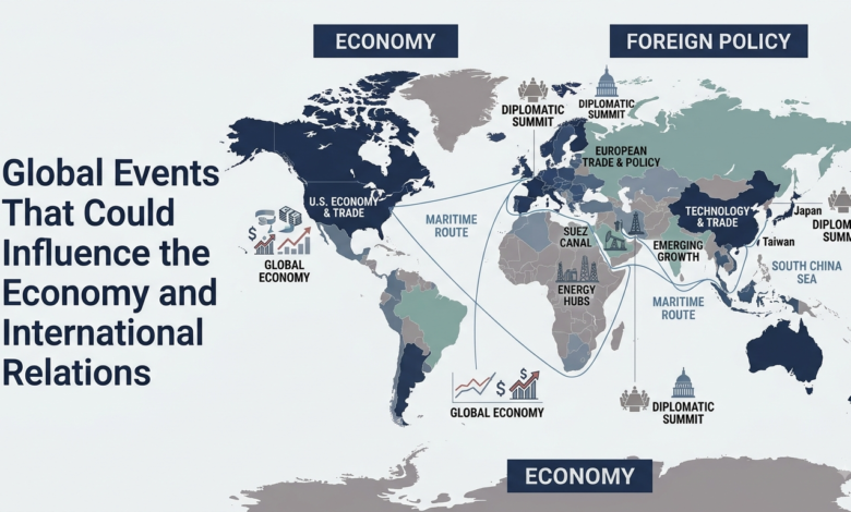 Labeled geopolitical map outlining major global events affecting the economy, trade routes, energy hubs, and diplomatic summits in 2026